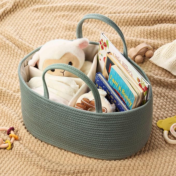 Diaper Caddy Organizer, Empty Gift Basket for Newborn Essentials, Baby Storage Basket, Stylish Gift Bag for Baby Shower, Boys and Girls – Large, Sage Green