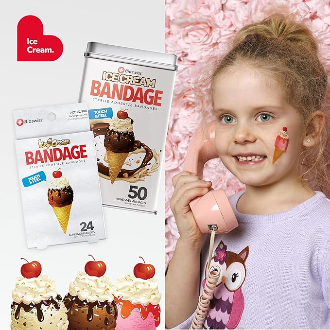 BioSwiss Bandages, Ice Cream Shaped Self Adhesive Bandage, Latex Free Sterile Wound Care, Fun First Aid Kit Supplies for Kids, 24 Count