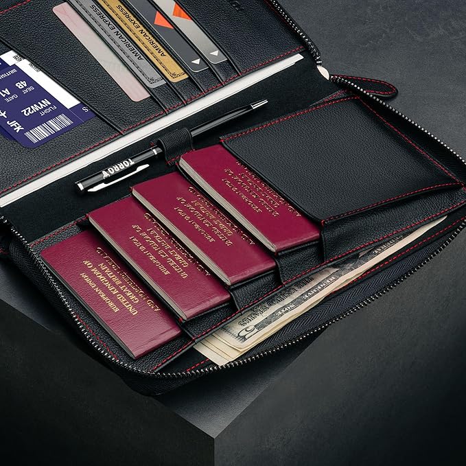 TORRO Premium Leather Family Travel Wallet, RFID Blocking Travel Organizer, Family Passport Holder for 4 Passports, Travel Documents and Cards (Black)