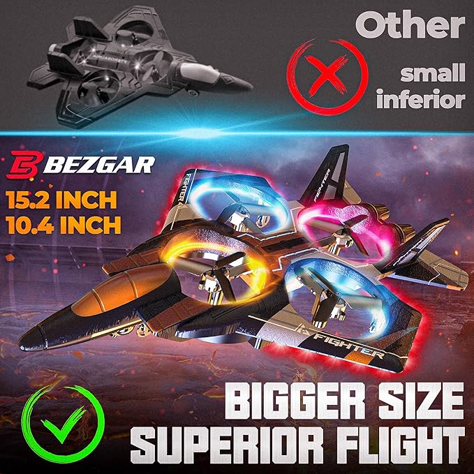 BEZGAR RC Plane for Kids | 2.4GHZ Brushless Drones with Camera, 6-axis Gyro Remote Control Airplane, 360° Flip Fighter Jet Toy, Toys for Ages 8+ with Colorful LED Navigation Lights Orange