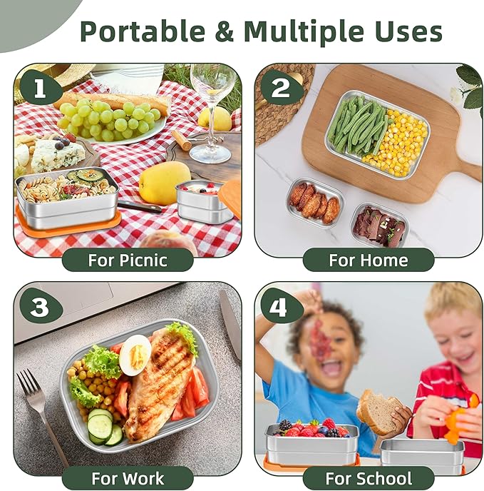 HaWare Stainless Steel Lunch Box for Kids, Leak Proof Food Storage Containers with Silicone Lids, Portable Sandwich Containers, Easy Open Snack Box for School & Daycare, Dishwasher Safe (8oz*2+25oz)