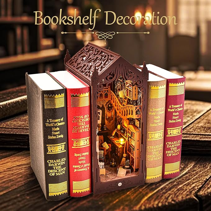 Book Nook Kit for Adult DIY Booknook Dollhouse Miniatures Bookshelf Insert Library Decor 3D Wooden Puzzle