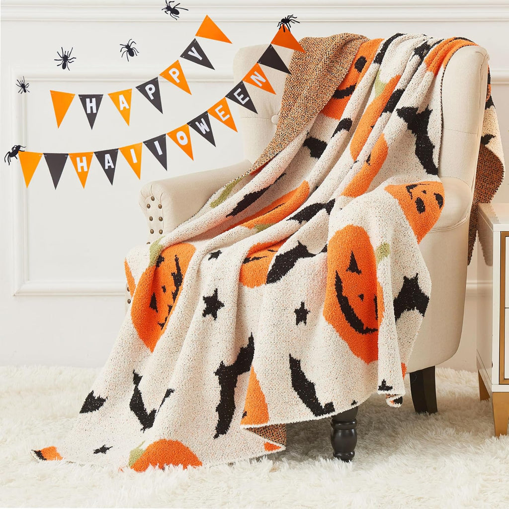 SeaRoomy Halloween Blanket, Ultra Soft Cozy Knit Throw Blanket for Couch, Warm Fluffy Microfiber Lightweight Knitted Throw Blanket Pumpkin Bat Halloween Decor (Pumpkins, 51"×63")
