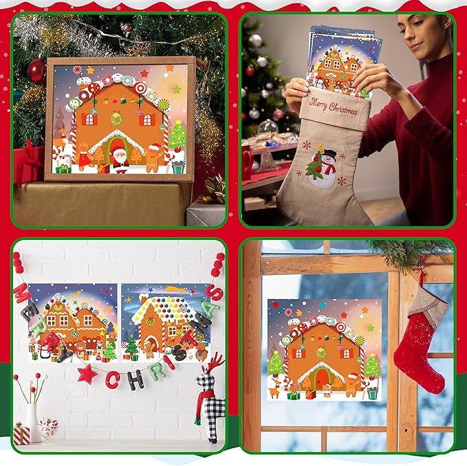 LINAYE 48PCS Make A Gingerbread House Stickers, Christmas Crafts for Kids, Gingerbread House Craft Stickers, 24 Finished Products