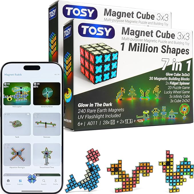 TOSY Magnet Cube 3x3 - 240 Magnets, 30 Blocks, 7 in 1: Puzzle Cube Game, Creative Building Blocks, Transformable Fidget Spinner, Infinity Cube, Magnet Tiles, UV Flashlight, Glowing STEM Toy, 2-Pack