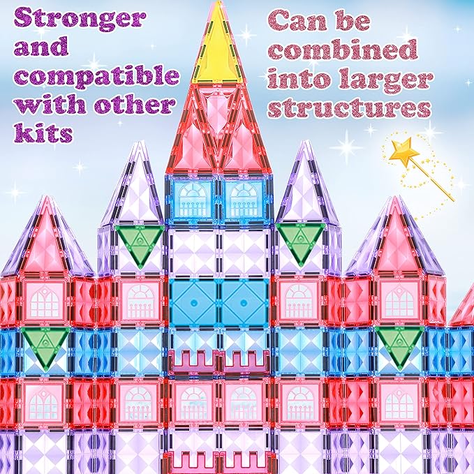 Little Pi 104pcs Frozen Princess Castle Magnetic Tiles Building Blocks - 3D Diamond Blocks, STEM Educational Toddler Toys for Pretend Play, 4 Year Old Girl Birthday Gifts Kids Ages 3 5 6 7 8 - Pink