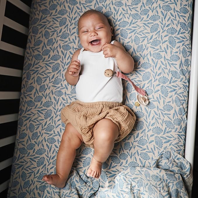 mushie Extra Soft Muslin Fitted Crib Sheet | 192 Thread Count | 28"x 52" (Blue Flowers)