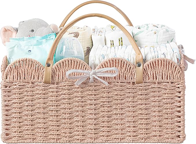 HBlife Baby Diaper Caddy, Paper Rope Storage Baskets Nursery Bin with Removable Divider, Portable Car Organizer for Diapers, Baby Shower Gifts, Newborn Essentials Must Haves