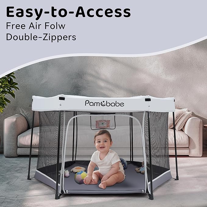 Pamo Babe Baby Playpen with Sun Protection Canopy - Indoor & Outdoor Play Yard for Babies and Toddlers - Baby Tent with Zipper Door