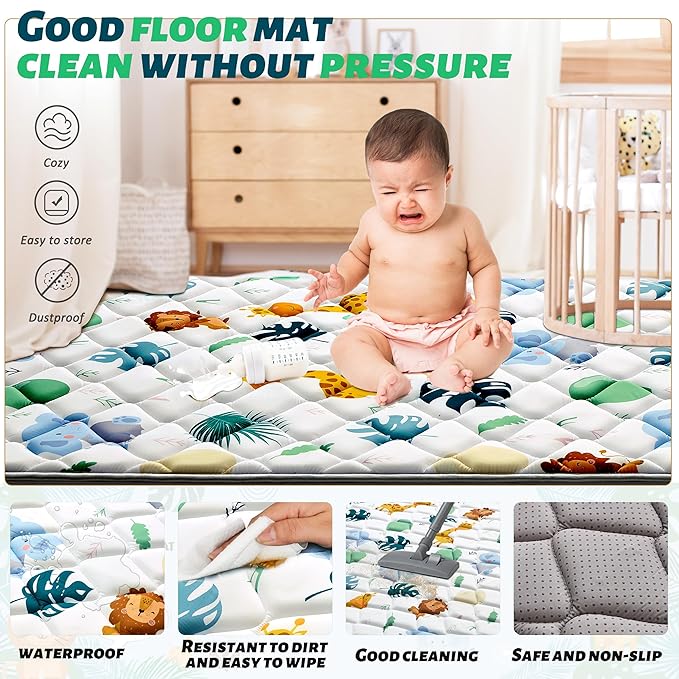 Baby Play Mats for Floor, 43x43 Playpen Mat for Babies, Extra Thicker & Soft Floor Crawling Mat, Foldable Non-Slip Playmat Cushioned for Infants Toddlers, Cute Animal Design