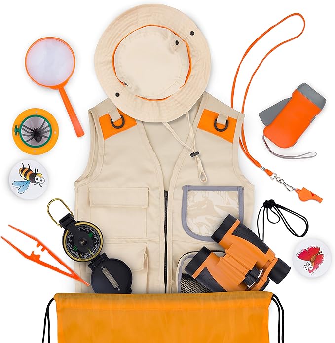 Kids Explorer Kit with Safari Vest & Hat for 3-12 Year Old Boys & Girls - Safari Costume & Dress Up as Zoo Keeper, Paleontologist - Giftable Outdoor Adventure Kit for Kids + Adventure Book