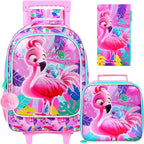 Girls Rolling Backpack, Cute Flamingo Roller Wheels Kids Bookbag - Wheeled Elementary School Bag - 3PCS Flamingo