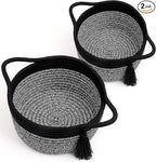 Empty Gift Basket Mini Woven Rope Organizer Baskets for Baby Shower, Vanity, Makeup Brushes, Bathroom, Shelves, Desk - Small Decorative Storage Bins - Set of 2, Pre-Shaped, Black Grey