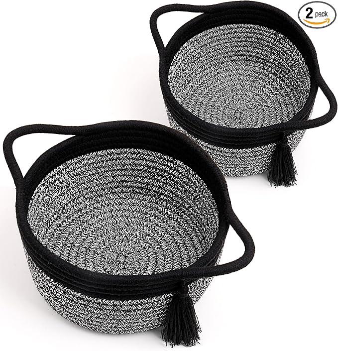 Empty Gift Basket Mini Woven Rope Organizer Baskets for Baby Shower, Vanity, Makeup Brushes, Bathroom, Shelves, Desk - Small Decorative Storage Bins - Set of 2, Pre-Shaped, Black Grey