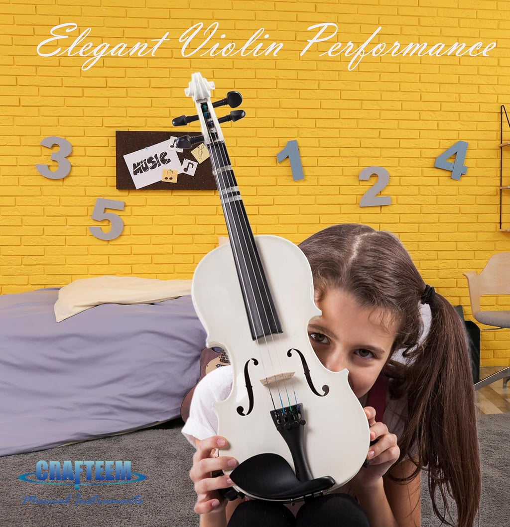1/4 Fiddle White Colored Premium Violin Outfit for Beginners Adults Kids With 5 Color Fingering Tape- Handcrafted Student Beginner Violin.