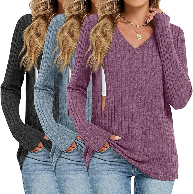 3 Pack Women's Maternity Nursing Tops, V Neck Breastfeeding Sweaters Long Sleeve Hidden Zipper Shirts