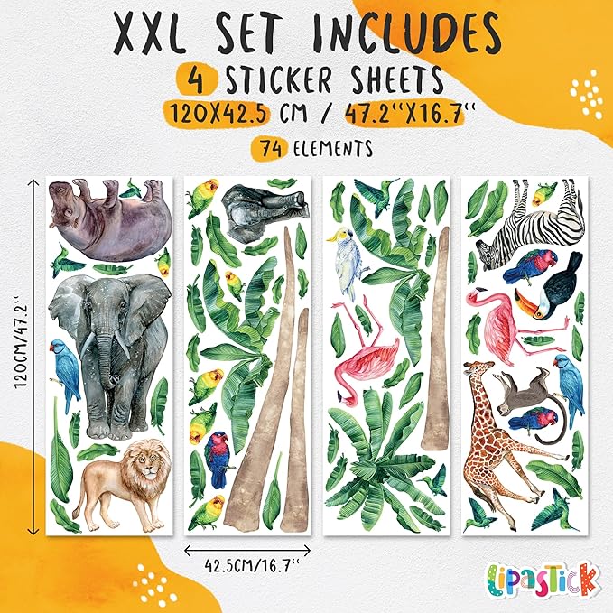 Safari Animal Wall Decals for Kids by Lipastick-Peel and Stick Jungle Stickers Giraffe, Elephant, Hippo, Palm Tree, Parrot for Toddlers Room, Nursery, Playroom, Classroom, Daycare Decor Art- XXL
