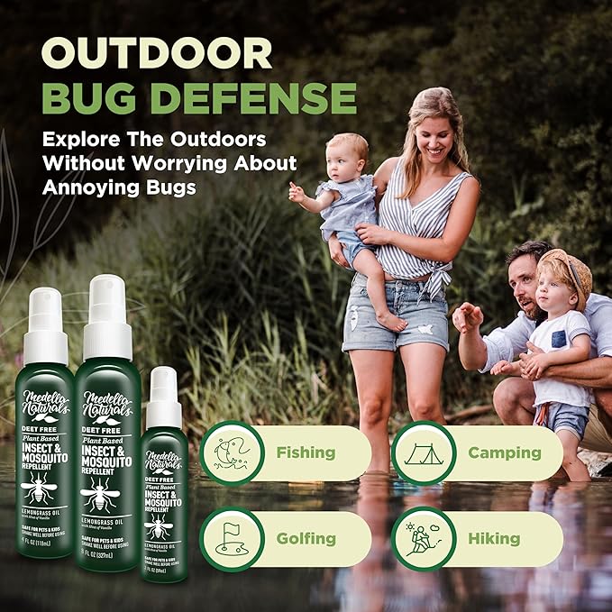 Deet-free Insect & Mosquito Repellent Travel Pack (2, 4, 8oz) – Nice Smelling Insect Repellent with Lemongrass Oil Safe for Pets and Kids – Bug Spray for Mosquitoes, Gnats, Black Flies, and No-see-ums