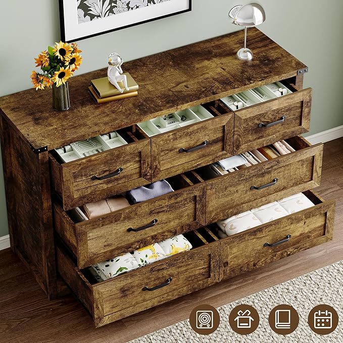 7-Drawer Dresser for Bedroom, Modern Wooden Chest of Drawers with Metal Handles, Anti-Tipping Design, Sturdy and Stable Storage Organizer for Living Room, Entryway, Home Office