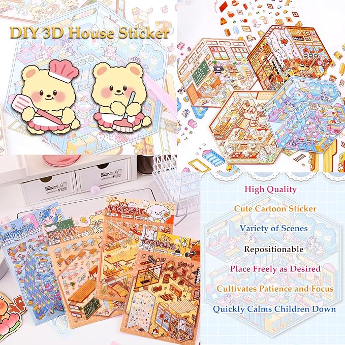 DIY 3D Sticker Scene 4 Sets of Scene Stickers Make Your Own Mini Shop Sticker Cute Miniature Cartoon Therapy Stickers for Kids Adult