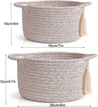 Small Soft Organizer Baskets，Decorative Mini Round Woven Rope Storage Bin Empty Gift Baskets for Man，Office, Desk Decor, Gifting, Kids, Toys, Pre Shaped, Brown, 2 Pack