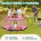 Alvantor Pop Up Playpen- 7'x7'x44”Baby Playpen Large Kids Play Tent Portable and Foldable Playpen Indoor/Outdoor Play Yard with Protective Mesh, UV SPF 50+ Sunshade, and Soft Foam Floor, Pink