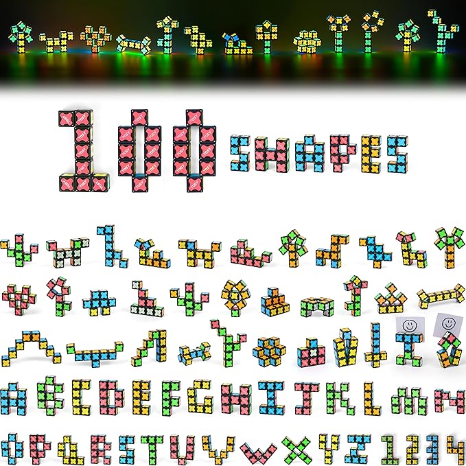 TOSY Magnet Cube 2x2 - 8 Blocks, 2 in 1 Toy: 2x2x2 Puzzle Cube and Customizable Infinity Cube, Glowing, UV Flashlight, Fidget/STEM/STEAM Magnet Tiles Birthday Gift for Kids/Teens/Adults, 4-Pack