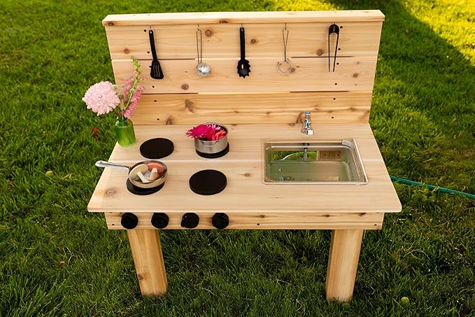 Noble Toys Mini Mud Kitchen with Functional Stovetop Sink for Kids | Pretend Play Toddler Table with Running Water | Outdoor Playset Working Sink | Real Wooden Kitchens | Preschool Equipment