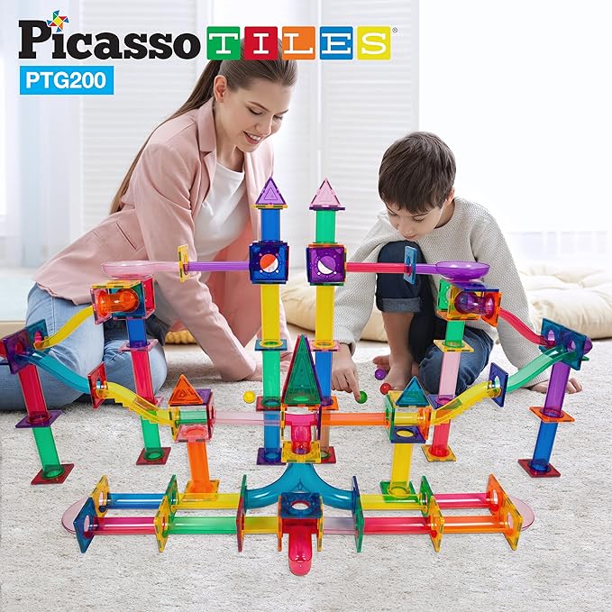 PicassoTiles 200pc Magnetic Marble Run Tiles Toy STEM Educational Race Track with Light Up Marbles Magnet Tile Building Blocks Maze Kit Sensory Pretend Play Toys for Toddlers Boys Girls Ages 3+ PTG200