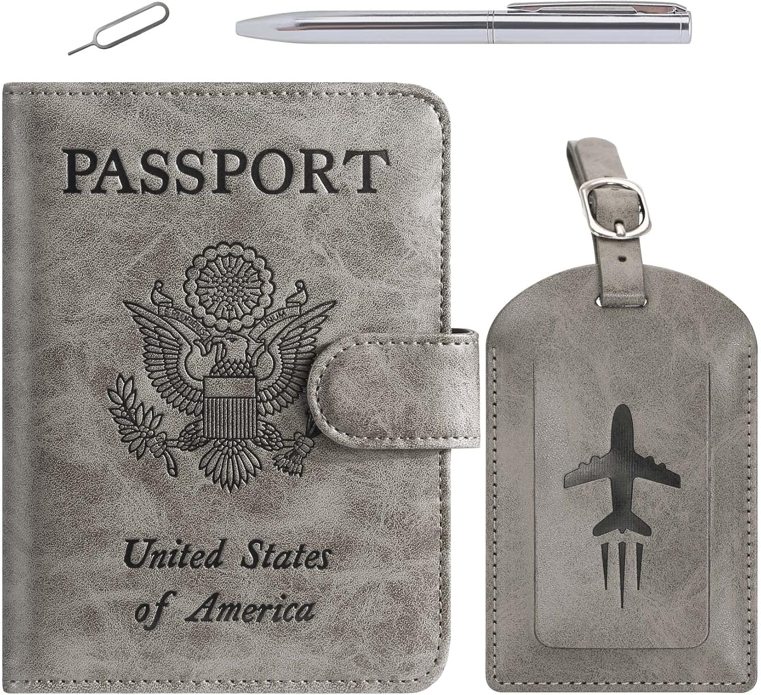 Passport Holder With Luggage Tag Cover Wallet RFID Blocking Leather Case Travel Essentials Accessories Travel Must Have(114#Grey)