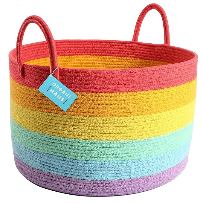 OrganiHaus Large Blanket Basket for Living Room 20x13, Rainbow Rope Basket for Classroom Organization, Toy Storage Basket, Woven Kids Laundry Basket, Baby Toy Box, Cute Storage Basket, Nursery Hamper