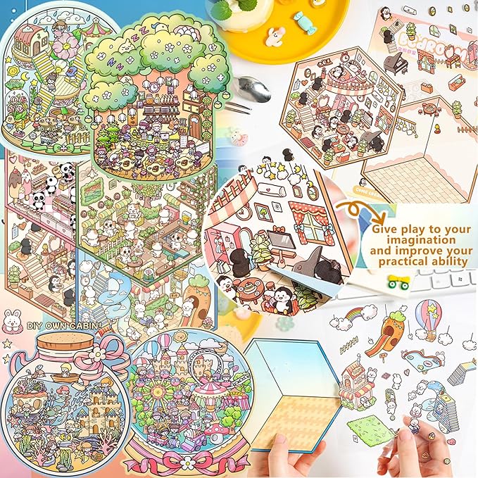 DIY 3D Sticker Scene，8 Sets Pack（500+）, Reusable Sticker Book, Cute Sets for Free Combination, Cute Waterproof for Anywhere, Crafts Party Favors Birthday Gift