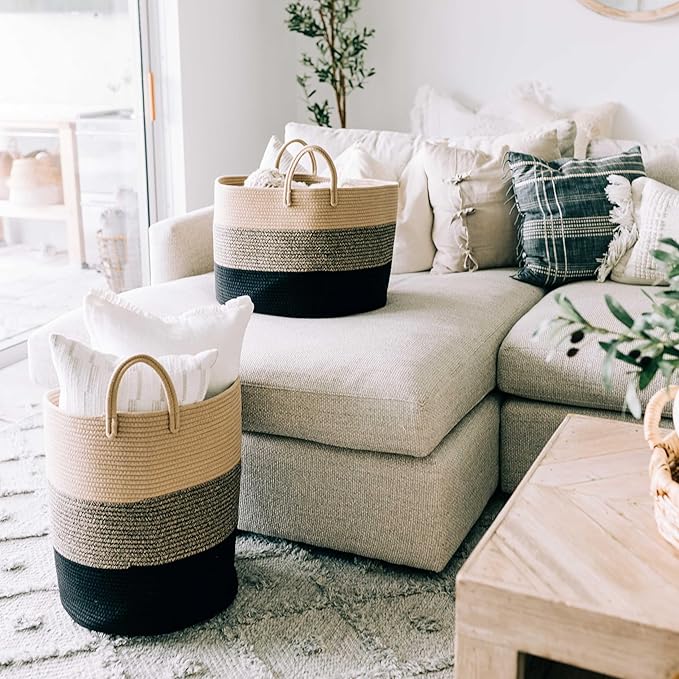 OrganiHaus Woven Laundry Basket, Large Cotton Rope Blanket Holder with Handles, Soft & Sturdy Nursery Hamper, Decorative Toy Bin for Living Room Organization 20x13 inches - Brown/Black