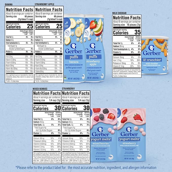 Gerber Strawberry Yogurt Melts, Mixed Berries Yogurt Melts, Banana Puffs, Strawberry Apple Puffs, Mild Cheddar Lil' Crunchies, 9-Pack