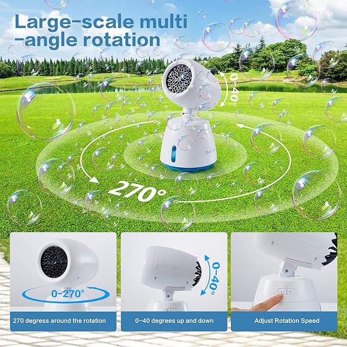 Rechargeble Bubble Machine, 270° Automatic-Rotating, 38000 Big Bubbles/min, 1000ml Large Bubble Tank, 2200mAh Battery, Bubble Maker for Kids Toddlers, Parties, Wedding, Birthday, Outdoor, White