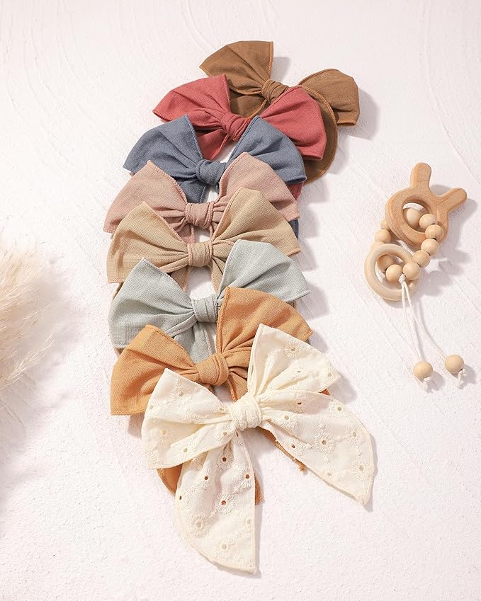 Doboi 8PCS Baby Girls Hair Clips Fable Hair Bows Cotton Linen Bows for Girls Hair Accessories for Baby Toddlers Kids （Includes Beige Cutout Hair Clip）