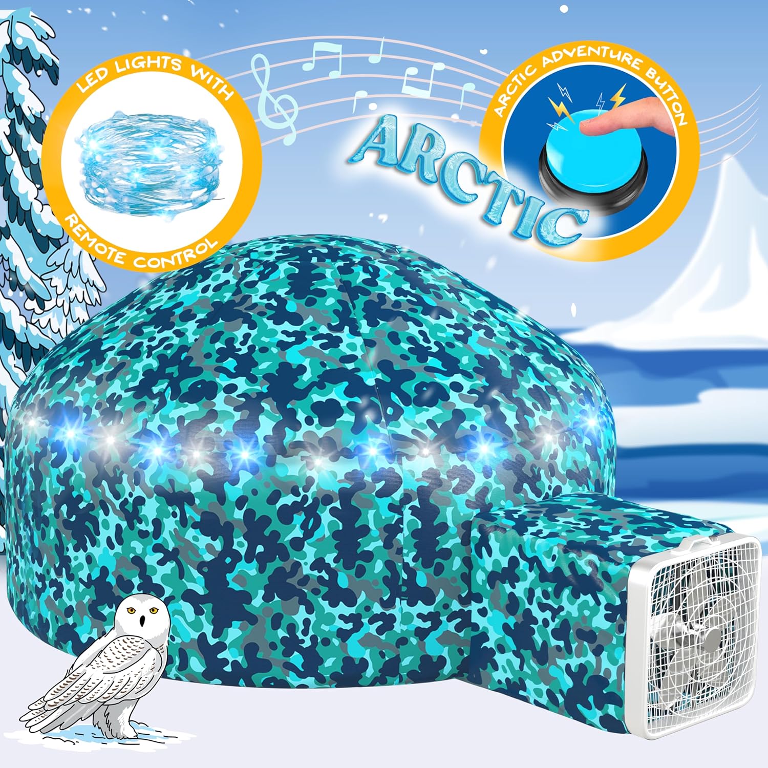 W&O Arctic Camo Aerodome with LED Lights & Sound – Inflates in Seconds for Kids Ages 3-12 (Fan Not Included)
