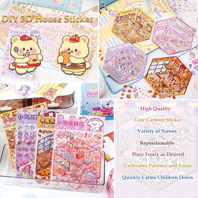 4 Sets DIY 3D House Sticker Make Your Own Mini Flower Shop, Bookstore, Cake Shop, Burger Shop Scenes Stickers for Kids Cartoon Scene Stickers for Adult Relief Stress Pass The Time