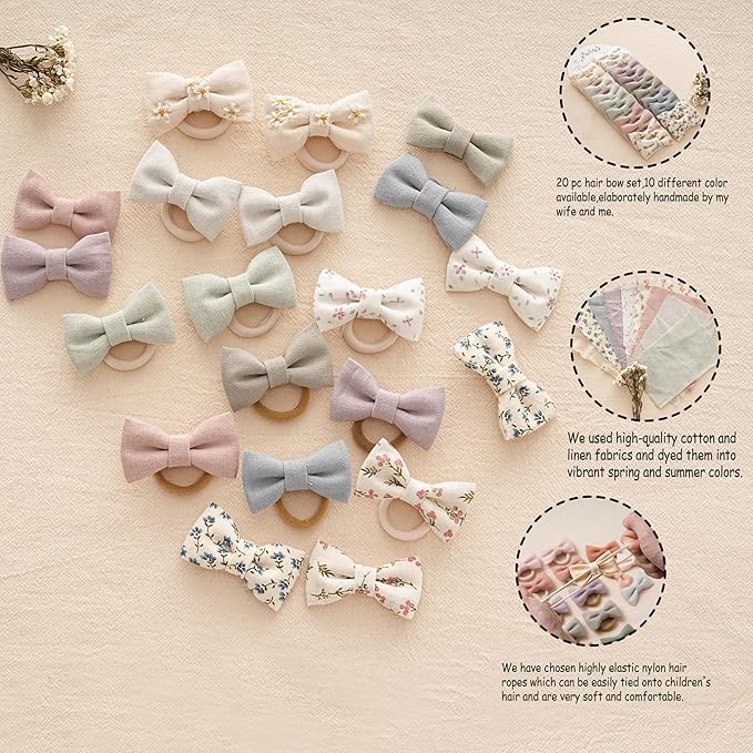 Baby Toddler Little Girls Hair Ties with 2" Linen Bows, 20 pcs No Damage Elastic Nylon Ponytail Holders Scrunchies for girls, Small Hair Accessories for Kids Thick or Thin Hair