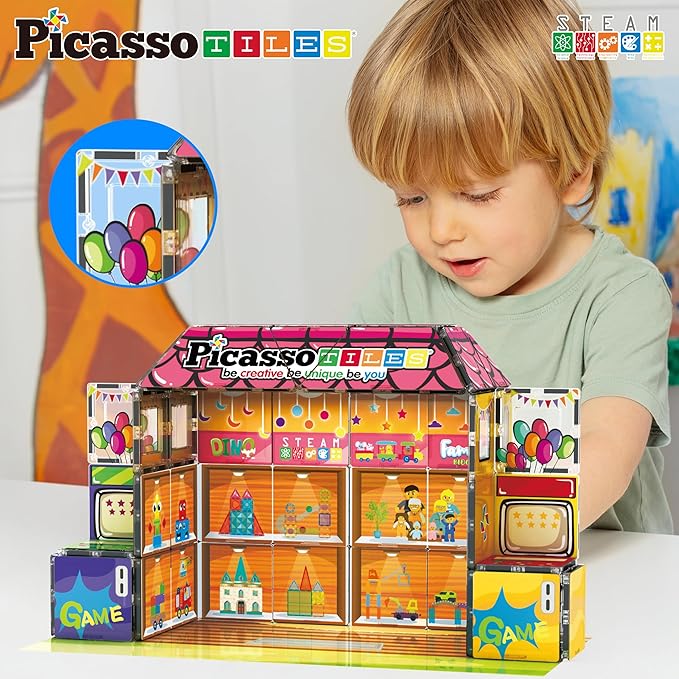 PicassoTiles 60pc Magnetic Building Block Magnet Tile Toy Shop Theme Pretend Play Construction Kit Reconfigurable Printed Structure Double-Sided Printing Education STEM Learning Playset Ages 3+ PTQ50