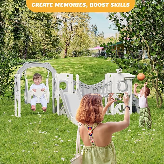 KORIMEFA 11 in 1 Toddler Slide and Swing Set, Kids Slide for Toddlers, Outdoor Indoor Playground for Toddlers 1-3, Toddler PlaySet with Basketball Hoop and Ball Golf Set, Climbing Arch(Grey)