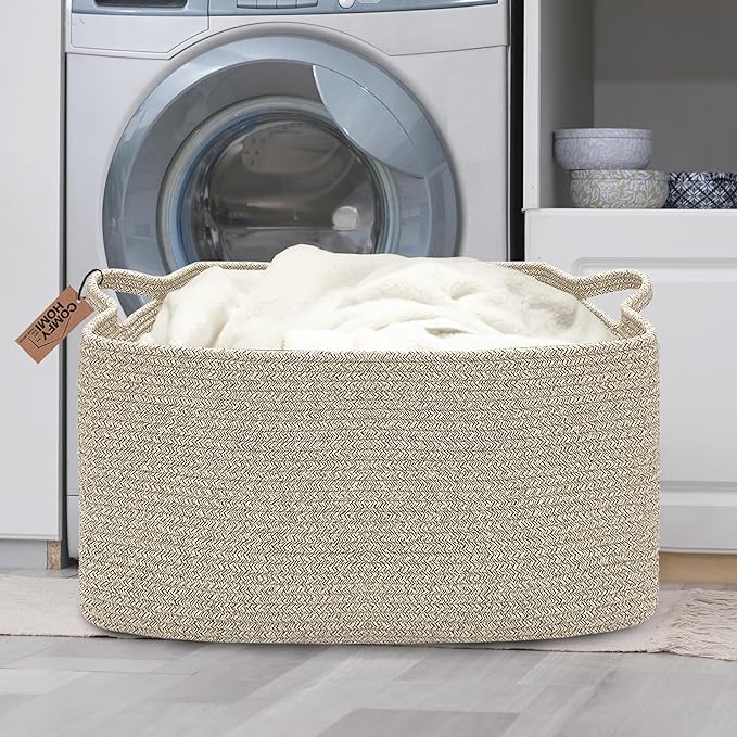 COMFY-HOMI Large Rectangular Blanket Basket, Woven Cotton Rope Baskets for Storage, Laundry Hamper Basket, Storage Bin,Toy Organizing Bin with Handle, Organization and Storage-22x15x12”-Brown