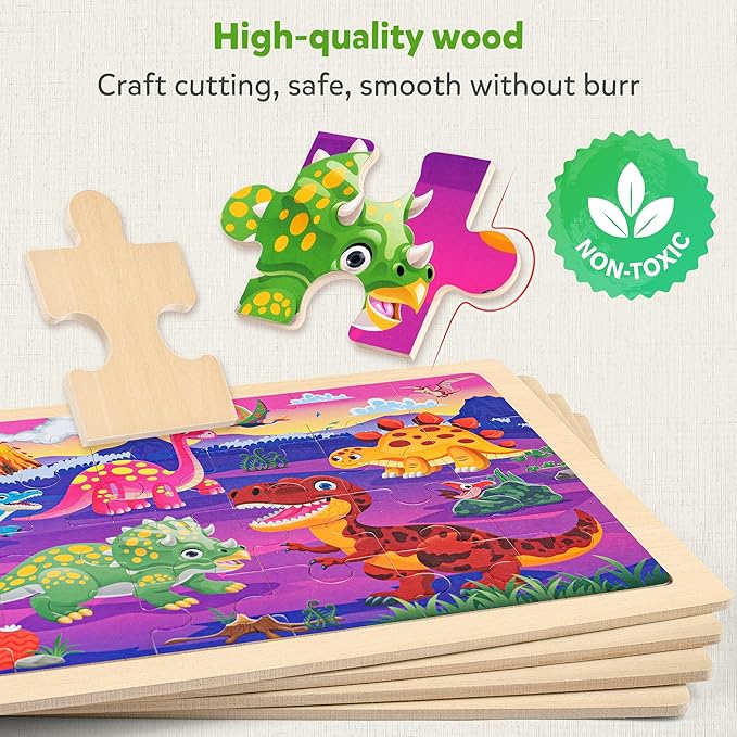 SYNARRY Large Wooden Dinosaur Puzzles for Toddlers 2-4, Wood Dino Puzzles for Kids Ages 4-6, Dinosaur Toys for Kids 3-5, Preschool Educational Children Learning Gifts for 3 4 5 Year Old Boys Girls