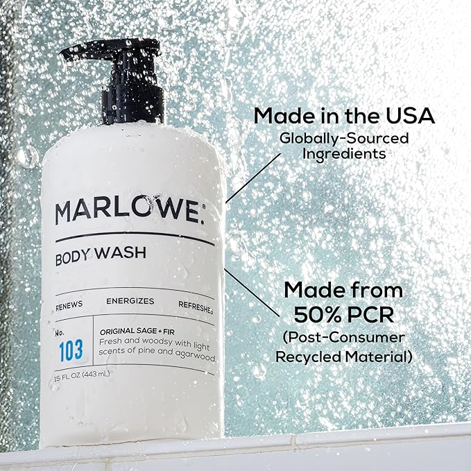 MARLOWE. No. 103 Body Wash 16 oz Pump, Original, Energizing & Refreshing Shower Gel with Willow Bark & Green Tea Extracts, Cleanses, Moisturizes, Smooths & Nourishes, Fresh Pine & Agarwood Scent