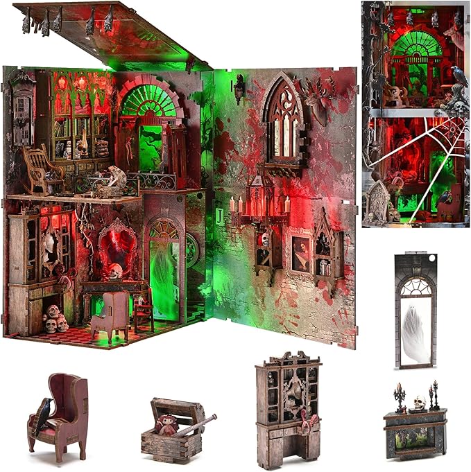 Haunted House Halloween Book Nook Kit, Spooky Shelf Insert Bookshelf Diorama Horror Art Miniature Decor, Creepy Scary Wooden Puzzle Booknook (Haunted Mansion)