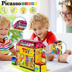 PicassoTiles 60pc Magnetic Building Block Magnet Tile Toy Shop Theme Pretend Play Construction Kit Reconfigurable Printed Structure Double-Sided Printing Education STEM Learning Playset Ages 3+ PTQ50