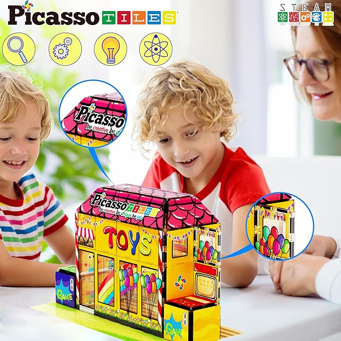 PicassoTiles 60pc Magnetic Building Block Magnet Tile Toy Shop Theme Pretend Play Construction Kit Reconfigurable Printed Structure Double-Sided Printing Education STEM Learning Playset Ages 3+ PTQ50