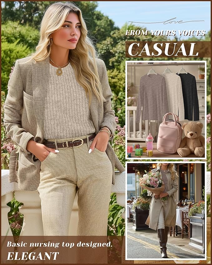 3 Pack Women's Nursing Long Sleeve Tops Breastfeeding Thermal Sweaters with Hidden Zipper Maternity Ribbed Shirts