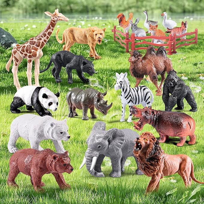 Safari Animals Playset, 41Pcs Jungle Zoo Animal Toys for Toddlers 1-3/Kids 3-5 - Light-Up Sound Lion Basket, Non-Toxic Educational Figurines, Ideal Birthday for Boys & Girls