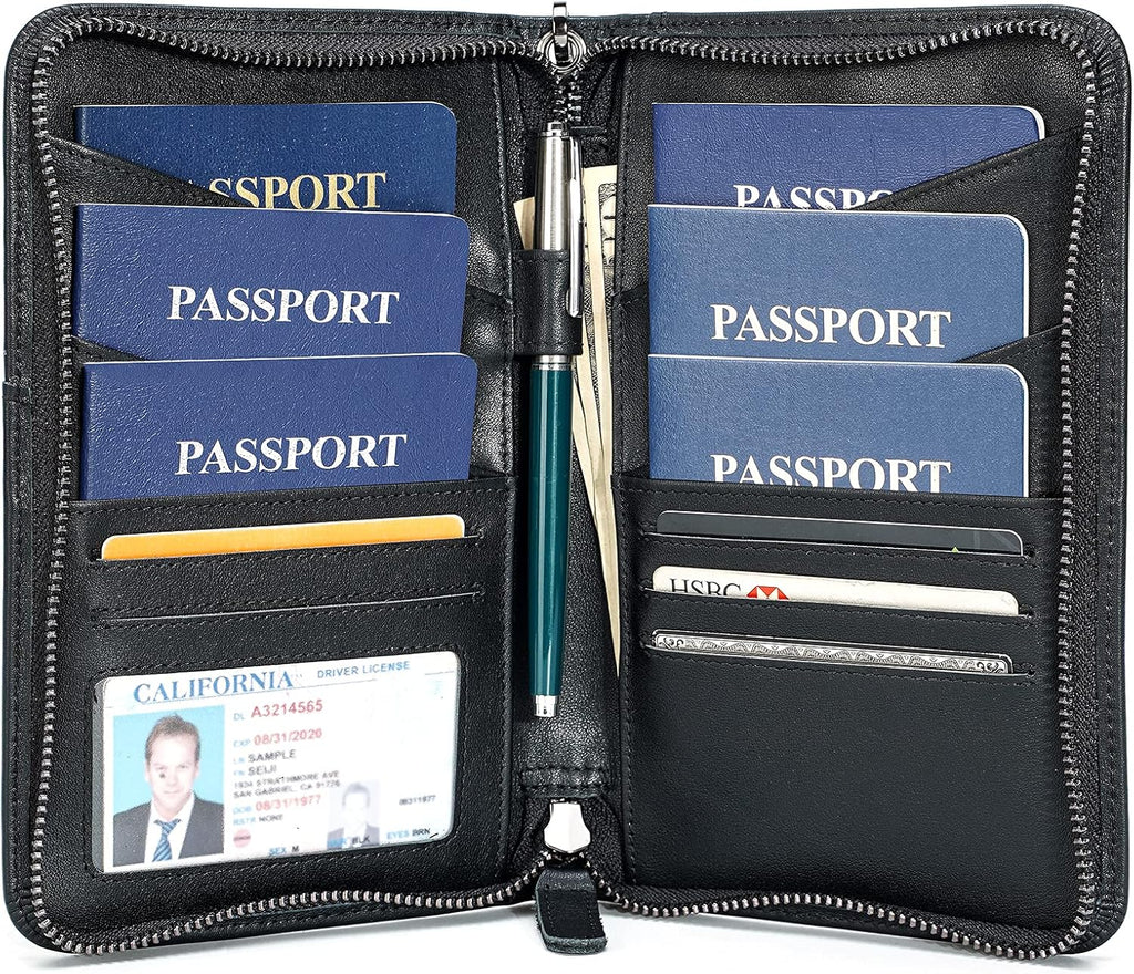 Polare Full Grain Leather Passport Holder Cover Case for Men and Women RFID Blocking Family Travel Wallet Holds 6 Passports